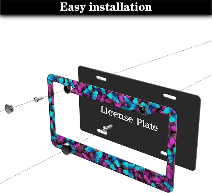 License Plate Frames Multicolor Car Plate Frame for Women Blue Purple Butterfly Women Universal Aluminum Car Accessory 2 Pack with Screw Covers Set