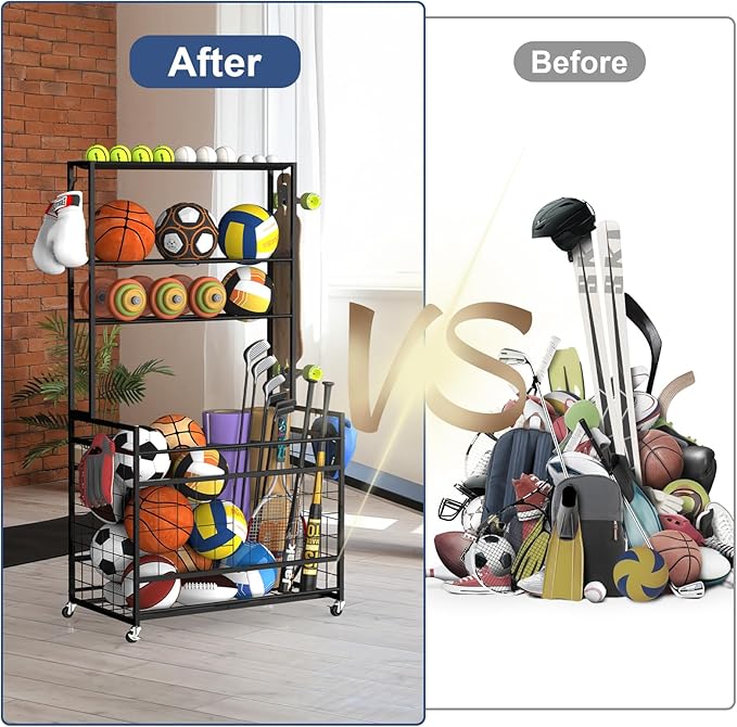 smusei Sports Equipment Organizer Garage Basketball Ball Holder for Sports Gear and Toys Garage Ball Storage Rack Cart with Wheels and Hooks for Volleyball Football Basketball, Indoor/Outdoor, Black