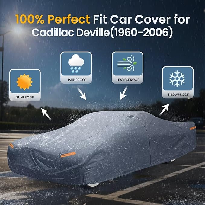 Waterproof Cadillac DeVille (1960-2006) Car Cover with Breathable Vents, [2025 Upgrade] Premium Covers with Cotton Liner and Zipper Door, Sun Rain Snow Dust Uv Protection.(Gift with Towel)