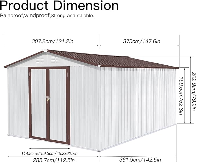 12 x 10 FT Metal Garden Shed, Outdoor Storage Shed with Heavy-Duty Steel Construction, Built-in Punched Vents & Hinged Door, Free Padlock for Secure Backyard, Patio & Garage Storage, White + Coffee