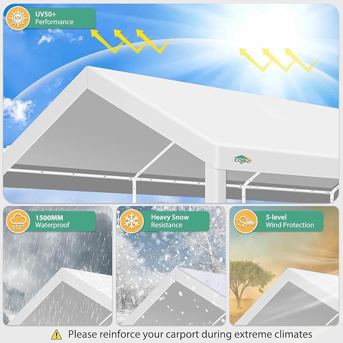 COBIZI 12x20ft Carport Heavy Duty, Portable Car Garage Outdoor Party Tent with Built-in Sandbags, Waterproof Car Canopy for Truck, Boat, SUV with All-Season Tarp, White