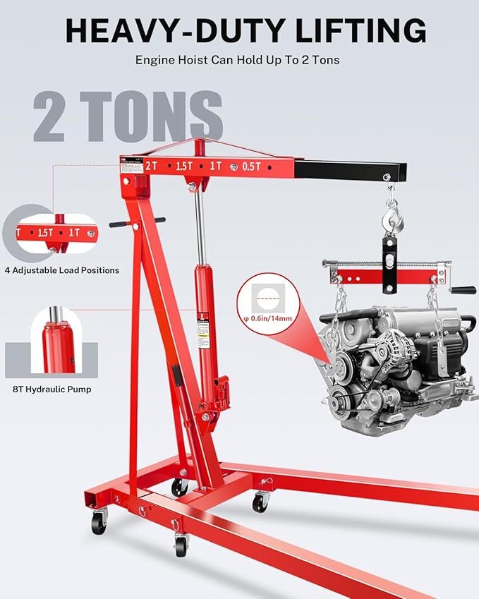 2-Ton Folding Engine Hoist with Lever, Hydraulic Shop Crane with 6 Swivel Wheels & Adjustable Boom (0.5T-2T), Heavy-Duty Cherry Picker for Garage, Workshop, Truck, Farm (Net Wt. 168 lbs)