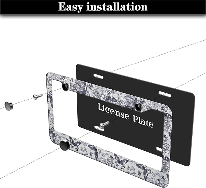 Automotive Exterior Accessories Black and White License Plate Frames Butterfly Flowers Universal Aluminum Car Accessory 2 Pack with Screw Covers Set