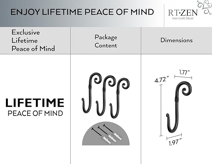 RTZEN Wall Mount Hook Set - Wrought Iron Decorative Rustic Metal Coat Hooks for Hanging - Handcrafted Classic Farmhouse Wall Mounted Black Hooks for Towel Robe or Hat Hanging - 3 Pack
