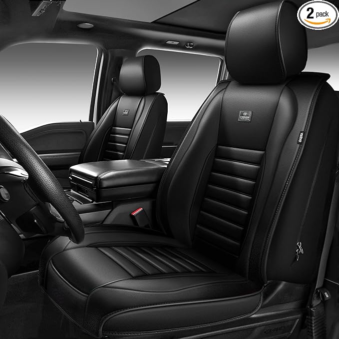 CAR PASS Nappa Leather Car Seat Covers Front Seats, Luxury Seat Protector for Cars, Waterproof Anti-Slip Seat Cushion Armrest Compatible Airbag Universal for Sedan SUV Pick-up Truck Automotive, Black