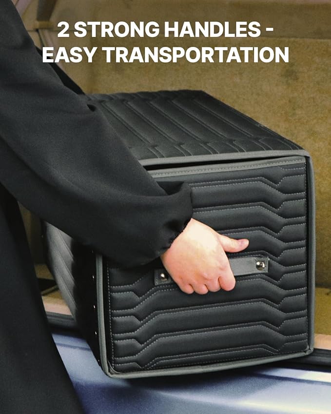 Trunk Storage 17.7" Collapsible Crate For Groceries, Tools & Travel Gear - Eco-Leather Car Organizer With Magnetic Lid - Practical Birthday Gift For Men (Highway 17)