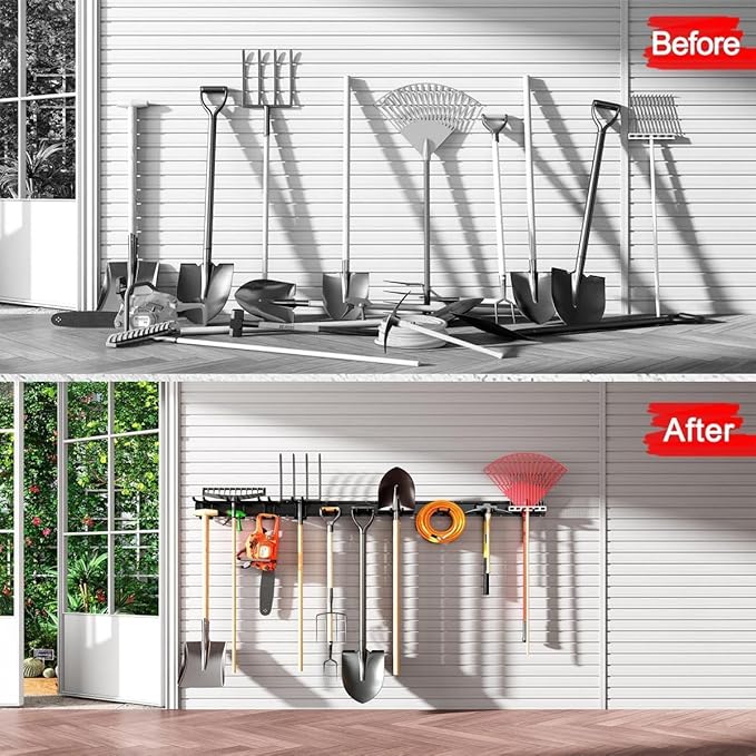 Garage Tool Organizer Wall Mount, Garage Storage, Garage Organization,64 Inch Garage Organizer Wall Mounted,4 Rails and 10 Adjustable Hooks,Max 550lbs (Black)