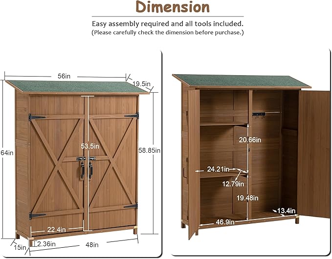 56" L x 19.5" W x 64" H Tall Outdoor Wooden Storage Shed with Lockable Doors, Waterproof Asphalt Roof, Removable Shelves for Garden Tools,Yellow Brown
