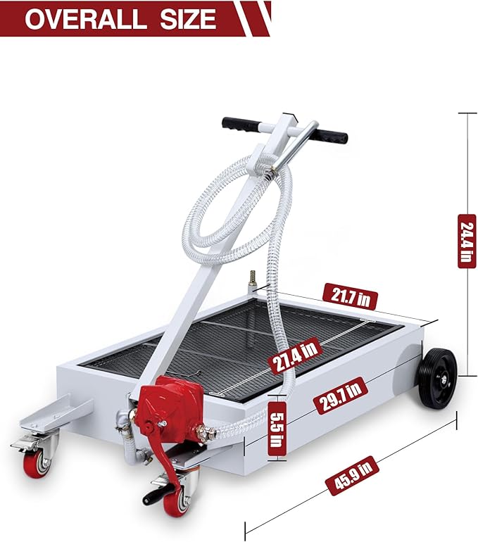 DEXSO 15 Gallon Oil Drain Pan with Hand Pump & 8 Ft Hose, 57L Low Profile & T Foldable Handle Oil Drain Cart for Truck Cars SUVs