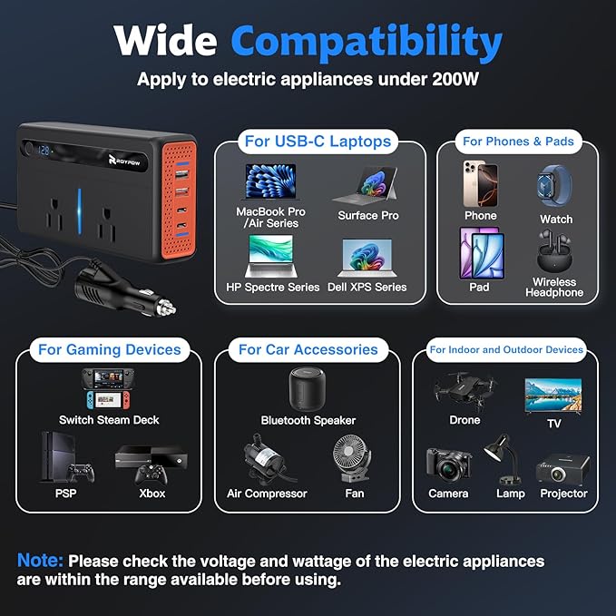 RoyPow 200W Car Power Inverter, DC 12V to 110V AC Power Inverter with Cigarette Lighter Port, Car Plug Adapter Outlet with 3.4A USB-A, QC3.0 24W, PD 30W, PD 36W, Dual AC Outlets, Car Charger Adapter