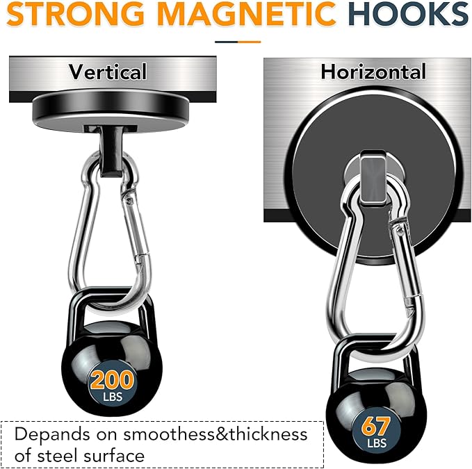 MIKEDE Strong Magnetic Hooks Heavy Duty, 200LBS+ Black Swivel Neodymium Magnets with Carabiner Hook, Hooks for Hanging, Curtain - 4 Pack