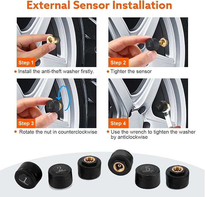 RV TPMS Tire Pressure Monitoring System, TS200 Solar Wireless TPMS with 6 Tire External Sensors Digital LCD Display RV Auto Security Alarm for Car RV Trailer Truck Tow Motorhome