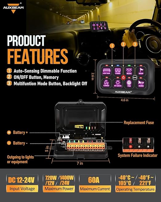 Auxbeam 8 Gang Switch Panel Bluetooth RGB AC-800 with APP&Remote Control Toggle Momentary Pulsed Switch Pod Off Backlight for Truck Offroad UTV ATV Car Marine 12-24V Waterproof 2 Years Warranty