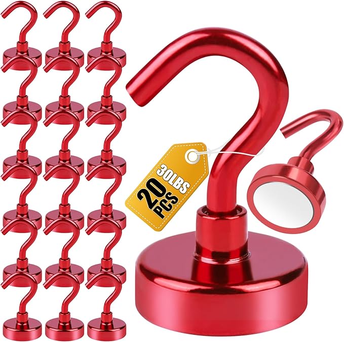 DIYMAG Magnetic Hooks, 30Lbs Strong Heavy Duty Cruise Magnet S-Hook for Classroom, Fridge, Hanging, Cabins, Grill, Kitchen, Garage, Workplace and Office Etc, (20 Pack-Red)