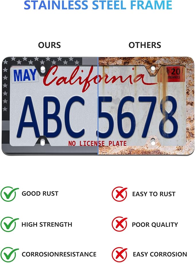 American Flag License Plate Frames - 2 Pack Black Stainless Steel Front Rear Car Tag Frames Printed with Patriotic USA Flag Pattern, with Decals Screws Caps