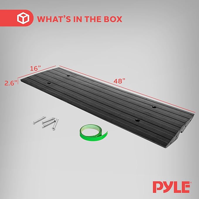 Pyle 4 ft. Rubber Threshold Curb Ramp, Heavy Duty, Non-Slip Car Ramp for Driveways, Garages, and Sidewalks, Green Reflective Strips, Waterproof, with Expansion Screws, 48.0’’x 16.0’’ x 2.6’’ Inch