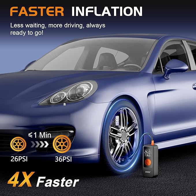 Tire Inflator Portable Air Compressor, 4X Faster Inflation & High-Capacity Battery, Tire Pump with Digital Pressure Gauge & LED Light, 150PSI Air Pump for Car Tires, Motorcycle, Bike, Ball, etc