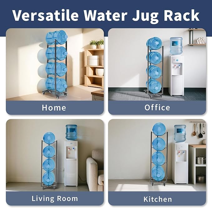 5 Gallon Water Bottle Holder: 4 Tier 5gal Water Jug Storage Rack with 4 Wheels for Home Kitchen Garage - Space Saving & Black