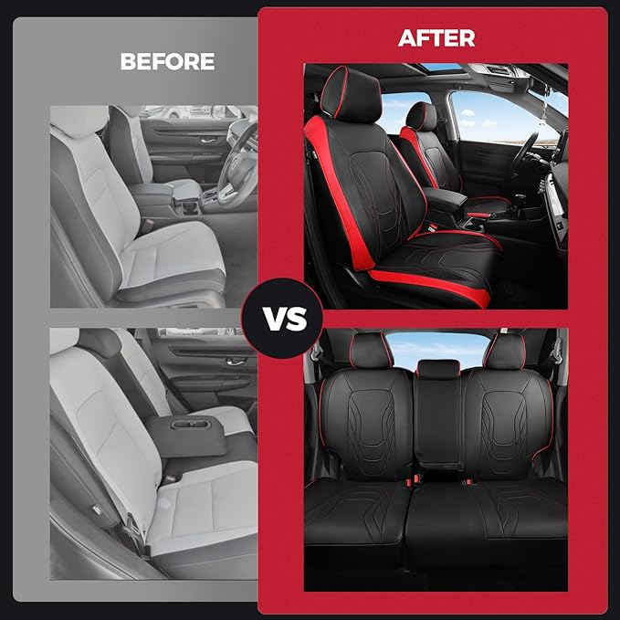 FREESOO Seat Covers for Honda CRV, Custom Fit Seat Covers Full Set, CRV LX EX EX-L Sport Touring Special Edition Trailsport Hybrid & Gas 2023 2024 2025 2026, Waterproof Leather Seat Cover, Black & Red