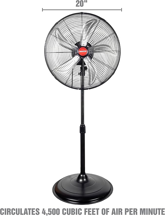 OEMTOOLS OEM24871 20" Oscillating Pedestal Fan, Adjustable Height for Garage, Shop, Gym, Warehouse 4500 CFM Airflow, 3-Speed Enclosed Motor, 5 Aluminum Blades, Dust-Resistant Industrial Purpose
