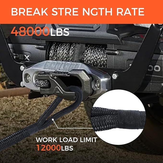 Kinetic Recovery Tow Rope, 48000LBS Snatch Strap with Soft Shackles, Extreme Duty 30% Elasticity Energy Offroad Towing Straps Kit for Car Jeep Trucks SUV UTV ATV Tractor - 1" x 20ft, Black