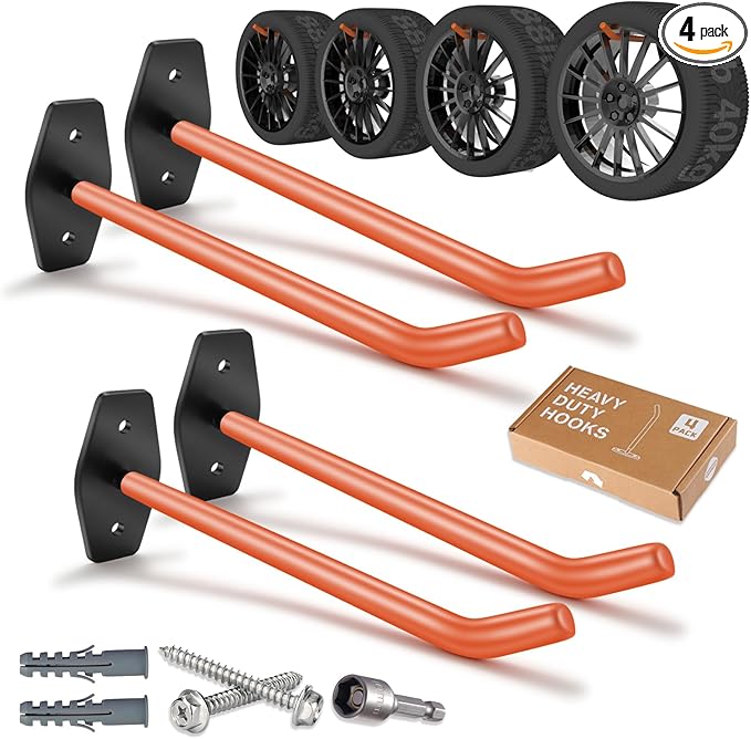 4 PCS Garage Hooks Heavy Duty Wall Mount, Tire Storage System with Anti-Slip Coating, Hang Heavy Tools for up to 88Lbs, for Bikes, Ladders, Chairs and Bulky Tools