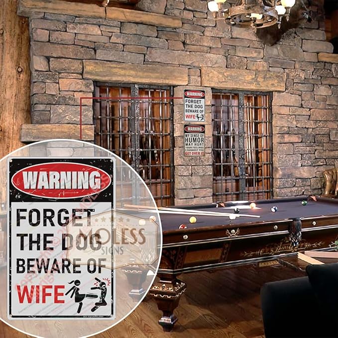 'Forget the Dog – Beware of Wife!' Funny Man Cave Decor for Men | 12x8″ Durable Vintage Metal Man Cave Signs Wall Decorations for Basement/Garage/Mancave, 2360