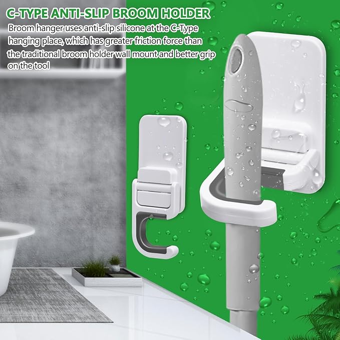 4pack Broom Holder Wall Mount Mop Holder Broom and Mop Gripper Self Adhesive No Drilling Anti-Slip Mop Handle Hanger Household Cleaning Organizer, Holds up to 6 lb