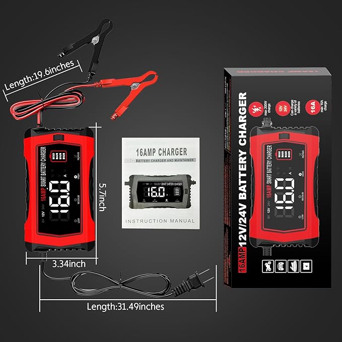 16-Amp Battery Charger, 6V/12V/24V Smart Car Battery Charger, Automotive Battery Maintainer, Trickle Charger for Car, SUV, Motorcycle, Boat, Lead-Acid, Lithium, LiFePo4 Battery