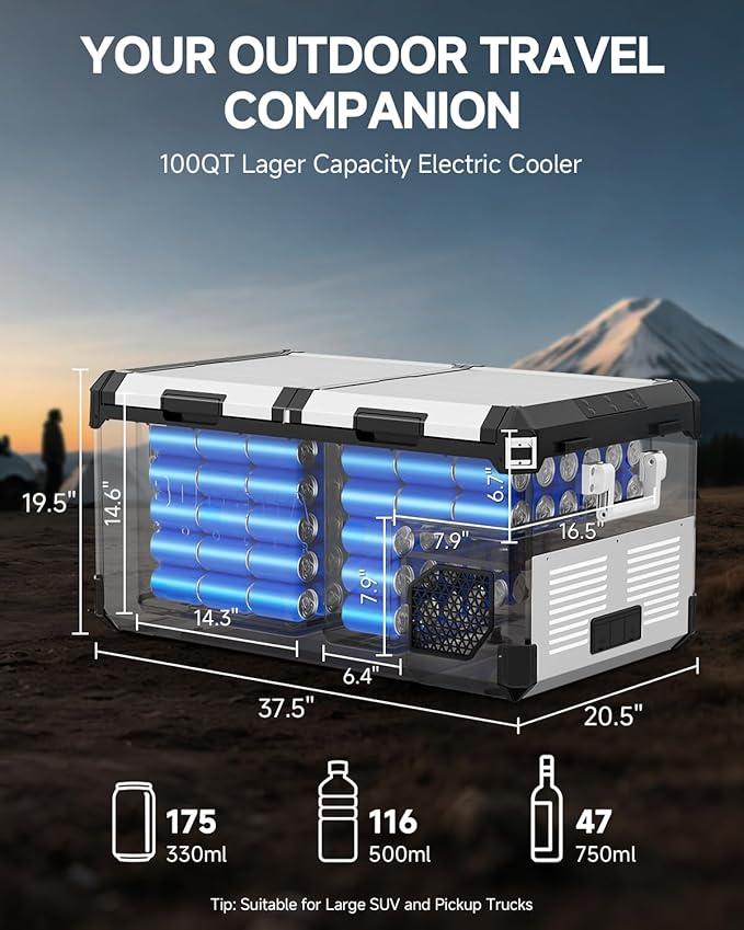 BODEGACOOLER 12 Volt Car Refrigerator, 100Quart (95L) Dual Zone Car Fridge APP Control, Portable Freezer, -4℉-68℉ RV Electric Cooler 12/24V DC &100-240V AC for Outdoor, Camping, Travel