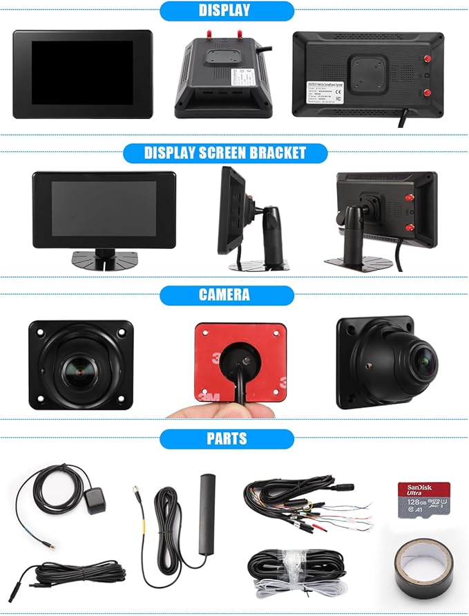 RV Backup Camera System AI WiFi GPS 7 inch Touch Screen Monitor Vehicle Recording with 4 Pieces 1080P Rear Side View Waterproof Camera Live View on APP/Web/PC for Camper RV Truck Trailer Tractor Fleet