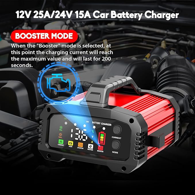 YONHAN 25A Battery Charger & Maintainer,12V/24V All-in-One Charger for LiFePO4, Lead Acid, AGM, Lithium, Marine, Boat, and Deep Cycle Batteries,5-Level Adjustable Current, Booster Mode,Trickle Charge