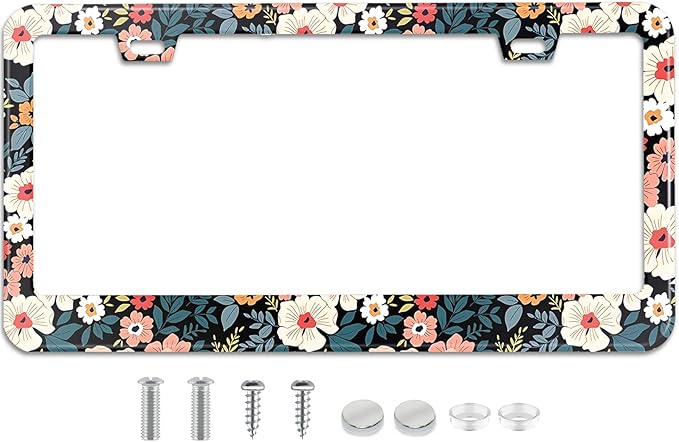 Folk Floral License Plate Frame Colorful Flowers Stainless Steel License Plate Frames Holder Covers Rust-Proof Auto Parts Decoration with Screws License Plate Holder for Car Accessories 12x6 Inch