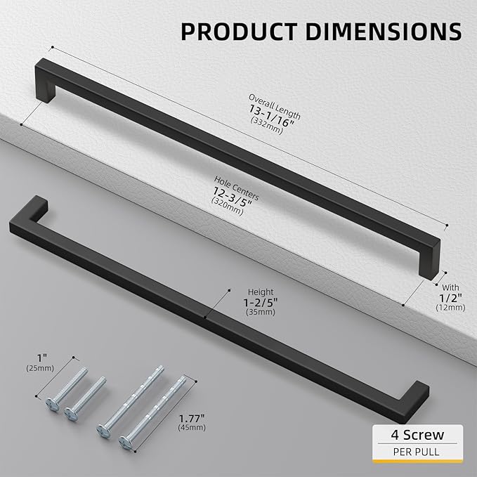 goldenwarm 50 Pack 12 3/5 Inch Black Cabinet Handles Matte Black Drawer Pulls Stainless Steel Cabinet Hardware Square Bar Modern Cabinet Handles for Kitchen Bathroom Cupboard