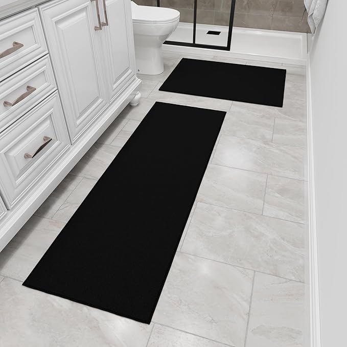 Ottomanson 2-Piece Kitchen Rug Set - Non Slip, Runner & Small Area Rug - Solid - 20" x 59" & 2'3" x 3' - Durable, Stain Resistant for Entryway, Bedroom and Bathroom, Black