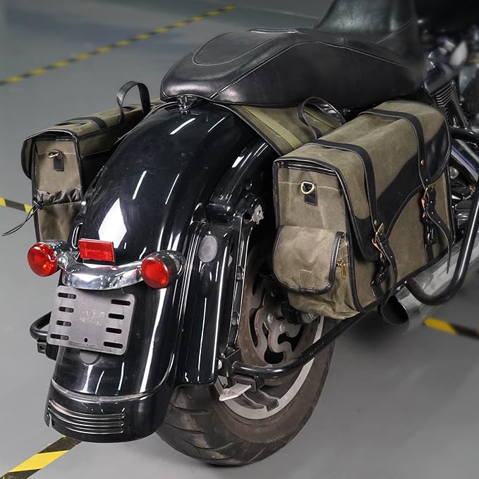 NICECNC Motorcycle Saddlebags Vintage Oil Waxed Canvas Leather, 30L Throw Over Saddle Bags Side Luggage Bags for Men Women Camping, Compatible with Harley, Honda, Suzuki, Yamaha, Adventure, Green
