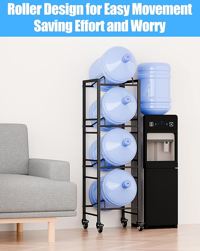 4 Tier 5 Gallon Water Rack with 4 Lockable Wheels - Water Bottle Jugs Holder Organizer with Movable Casters, Heavy Duty Water Storage Rack Dispenser Stand for Kitchen Office Garage/Black