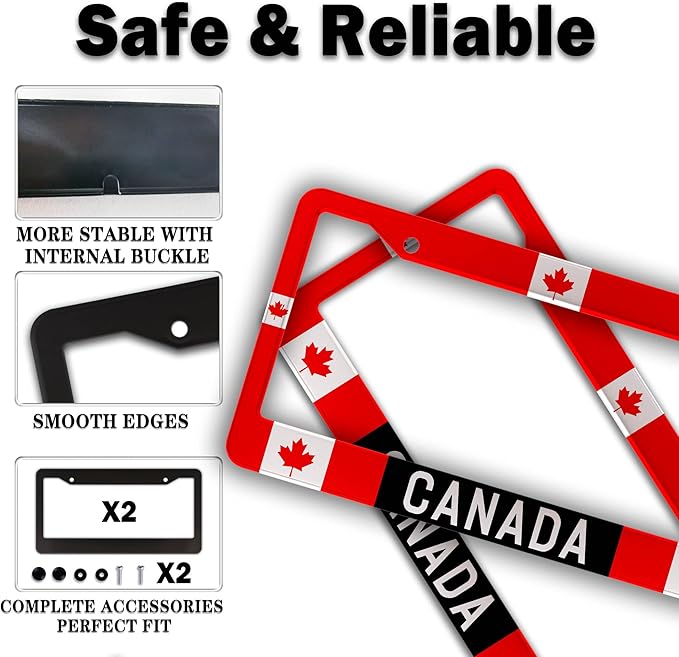 License Plate Covers Red, Black, White License Plate Frames Canada Flag Universal Aluminum Car Accessory 2 Pack with Screw Covers Set