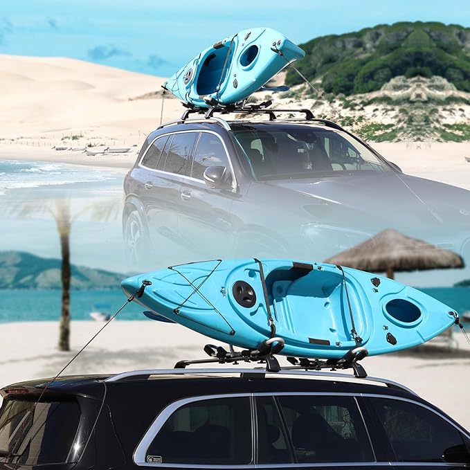 FORWODE Kayak Roof Rack, 2 in 1 Aluminum 2 Pair J-Bar Roof Rack, Folding Adjustable Rack, Weight 160 LBS Heavy Duty Kayak Roof Carrier 2 Kayak, Canoe, SUV, Surfboard on SUV, Car and Truck Crossbar