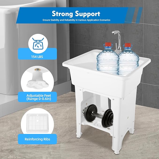 Freestanding Utility Sink Plastic Laundry Sink Spacious Laundry Tub Sink with Storage Shelf Indoor Outdoor Slop Sink Wash Station for Bathroom Laundry Washing Room (White, 25.6*21.65*31.5in)
