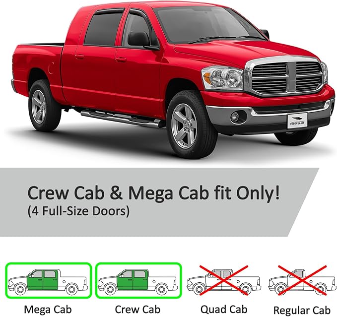 Voron Glass in-Channel Extra Durable Rain Guards for Dodge RAM 2002-2008 MegaCab, Window Deflectors, Vent Window Visors, 4 Pieces - 200691