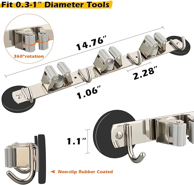 MUTUACTOR Magnetic Broom Holder,Non-slip Heavy Duty Broom and Mop Hanger Metal Tool Holder 3 Racks and 4 Hooks for Laundry Garage Kitchen Factories Workshops Organization and Storage(1 Set)