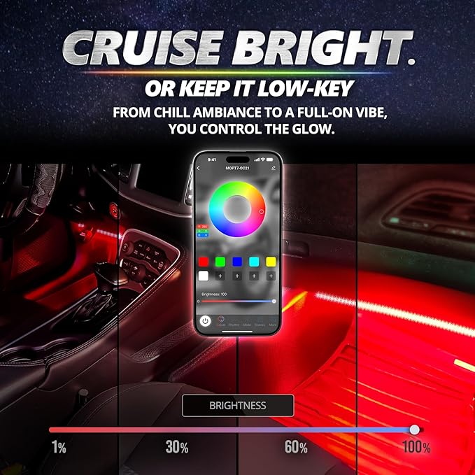 OPT7 Aura Pro Interior Car Lights with App & Remote Control, RGB Color Change, Music Sync Inside Ambient Lighting Kit, Car SUV Van Under Dash Decor, 12V Charger Adapter, 4PC Single Row LED Strip