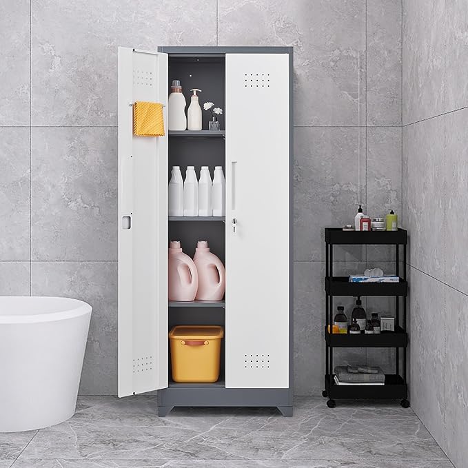 GREATMEET 65" Garage Storage Cabinet, Broom Closet Storage Cabinet, Metal Cabinets with Doors and Shelves, Utility Closet for Brooms and Mops, Utility Cabinets for Storage, Grey&White