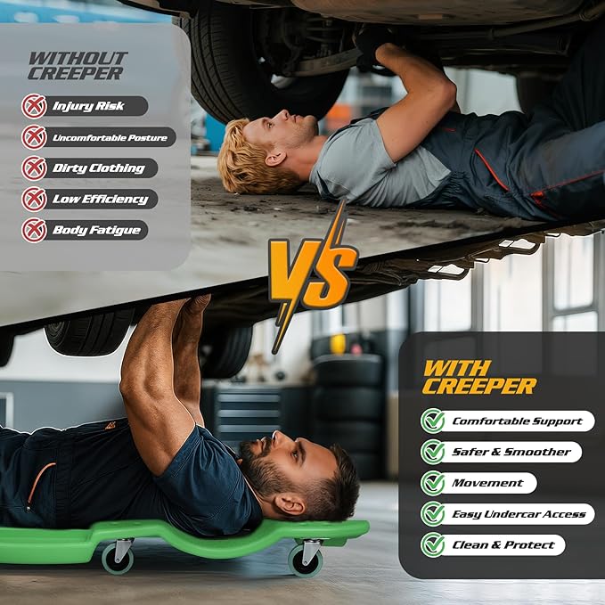 Magshion Mechanic Creeper with Padded Headrest & Tool Trays – 440 lbs Capacity, Rolling Garage Creeper with 6 Swivel Wheels, Lightweight & Portable Under Car Creeper for Auto Repair (Green)
