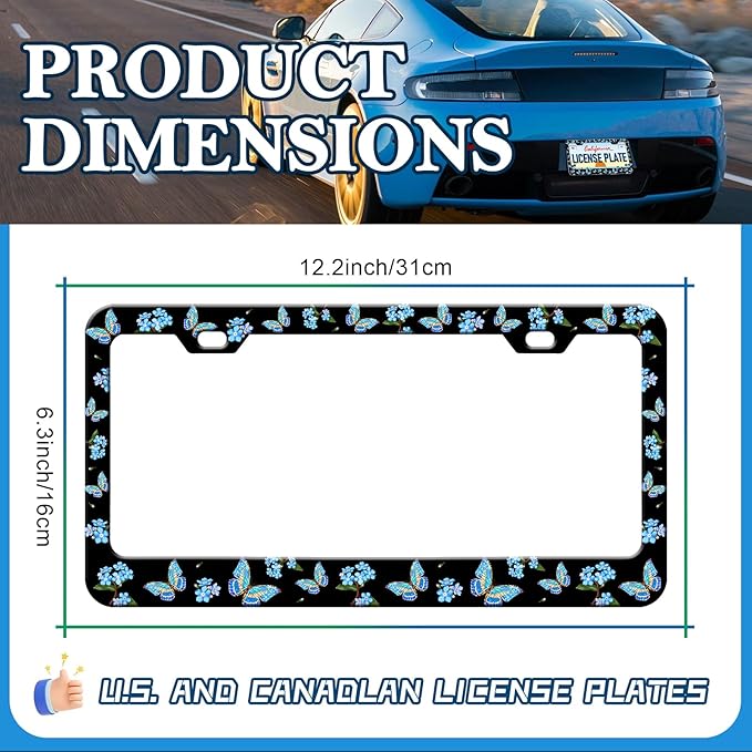 Blue Flower Butterfly License Plate Frames - 2 Pack Beautiful Butterfly Stainless Steel License Plate Holder,Rust-Proof Waterproof Car Decorative Tag Frame with Screws Fasteners Caps