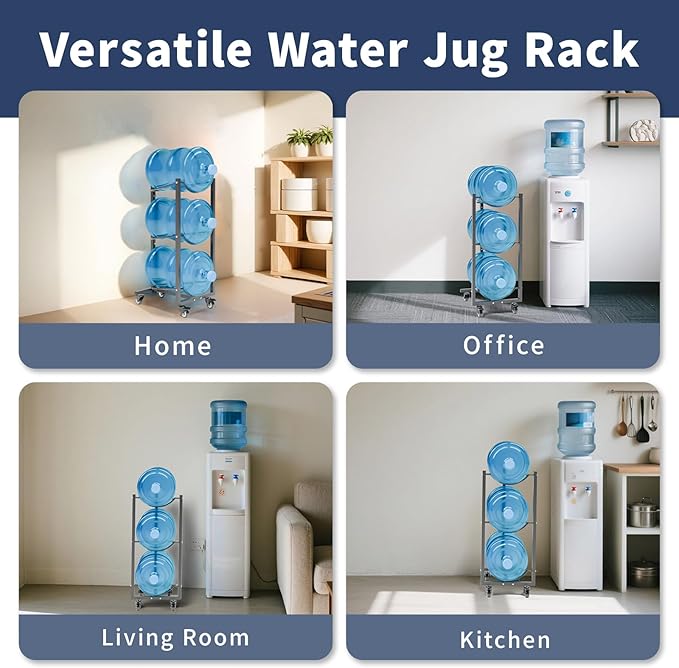 Water Jug Holder with 4 Wheels: 3 Tier Movable Gallon Bottle Storage Rack for Office Gym Garage - Black