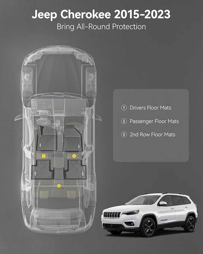 3W Floor Mats Fit for Jeep Cherokee 2015-2023 TPE Floor Liner 1st and 2nd Row Full Set Car Mats, Black (NOT for Grand Cherokee)