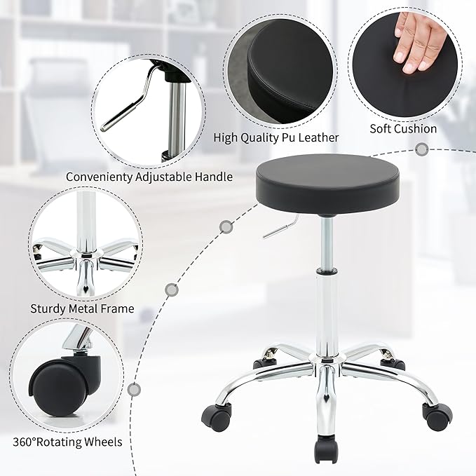 Rolling Office Stools, Adjustable Drafting Stool on Wheels 19.5’’-26.6’’, Black Ergonomic Office Chair (Black)