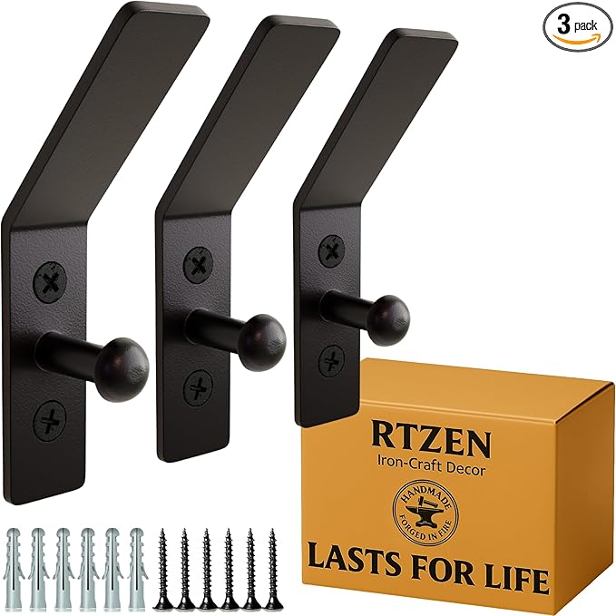RTZEN Wall Mount Hook Set - Wrought Iron Decorative Rustic Metal Coat Hooks for Hanging - Handcrafted Classic Farmhouse Wall Mounted Black Hooks for Towel Robe or Hat Hanging - 3 Pack